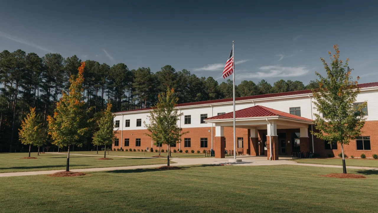 Modern suburban public high school campus in Cherokee County with a two-story brick and siding building, flagpole, green lawns, and southern pines