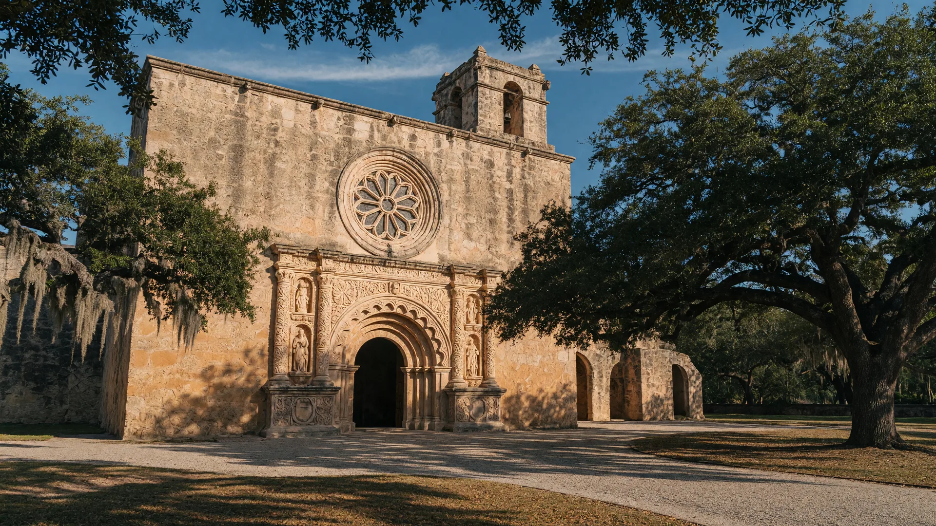 Mission San José stone church facade framed by live oak trees in warm morning light at San Antonio Missions National Historical Park