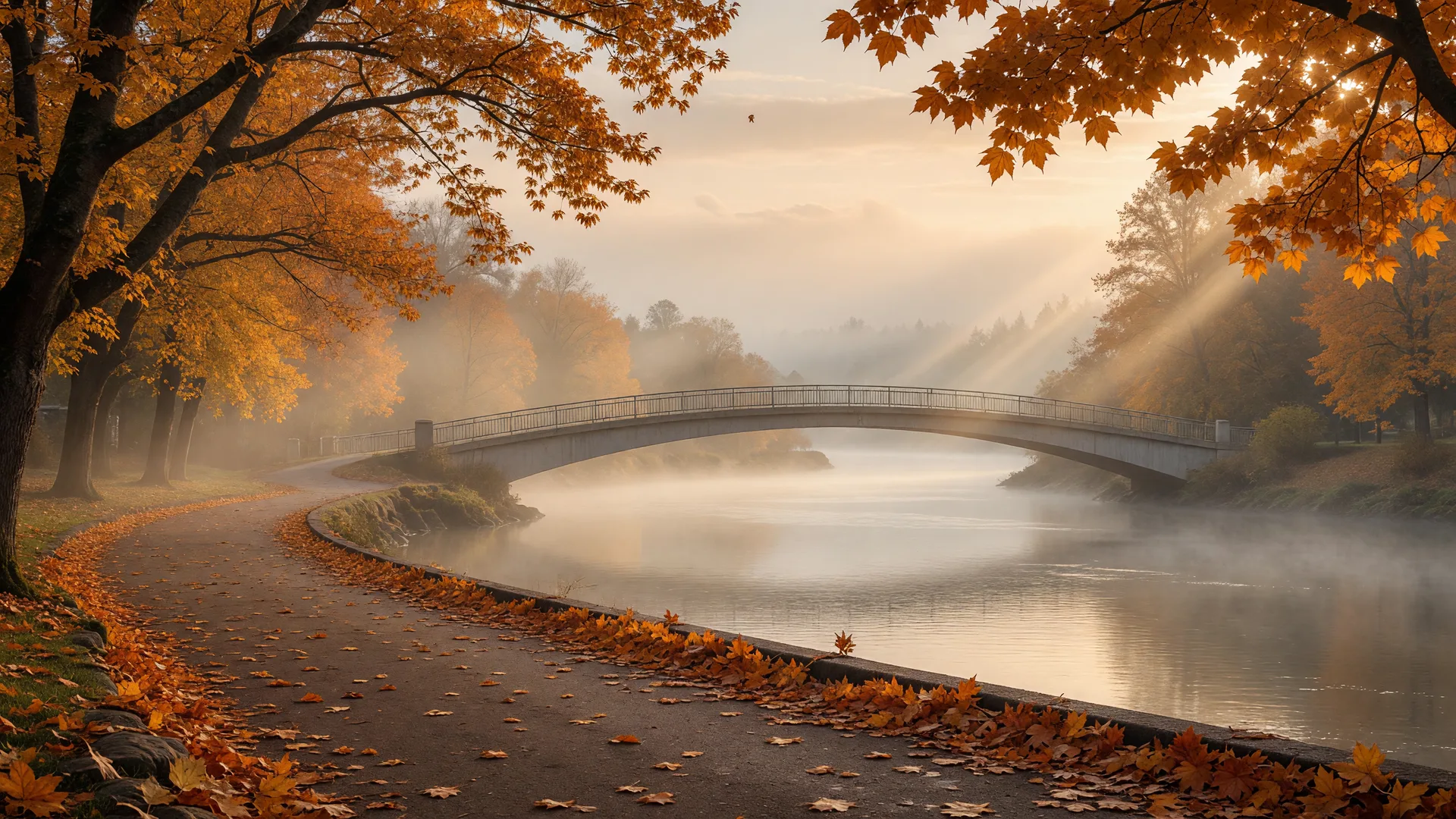 Misty Salem river park path with a footbridge framed by orange maples in autumn