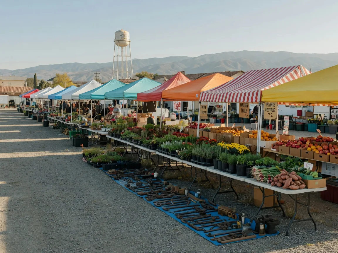 An outdoor flea market in the Central Valley on a bright November Sunday morning, rows of folding tables under open-air awnings and canopy tents with vintage tools, plants, and produce, and a tall water tower rising above the rooftops
