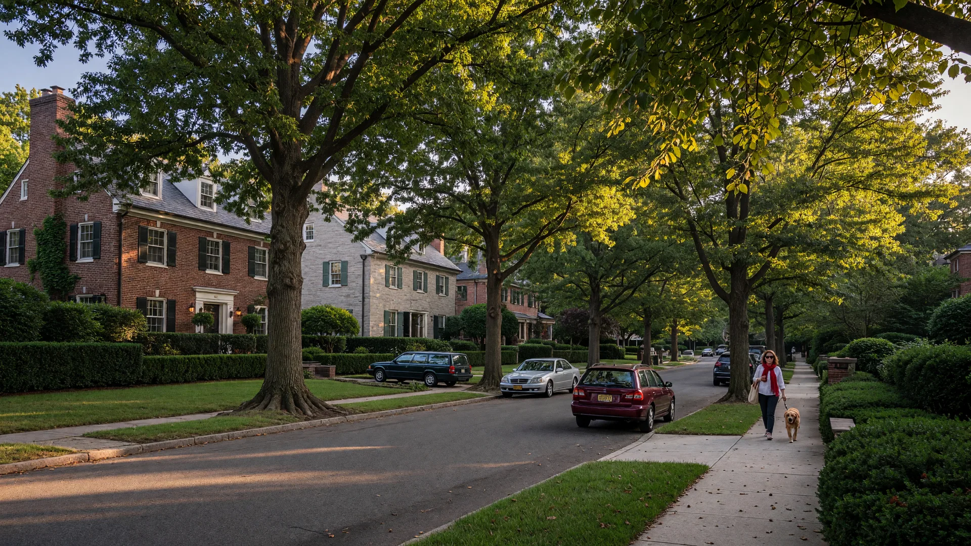 Leafy upscale street in the Chevy Chase area on a late summer afternoon with classic brick and stone colonial homes, mature oak and elm trees, manicured hedges, and warm golden light filtering through the canopy