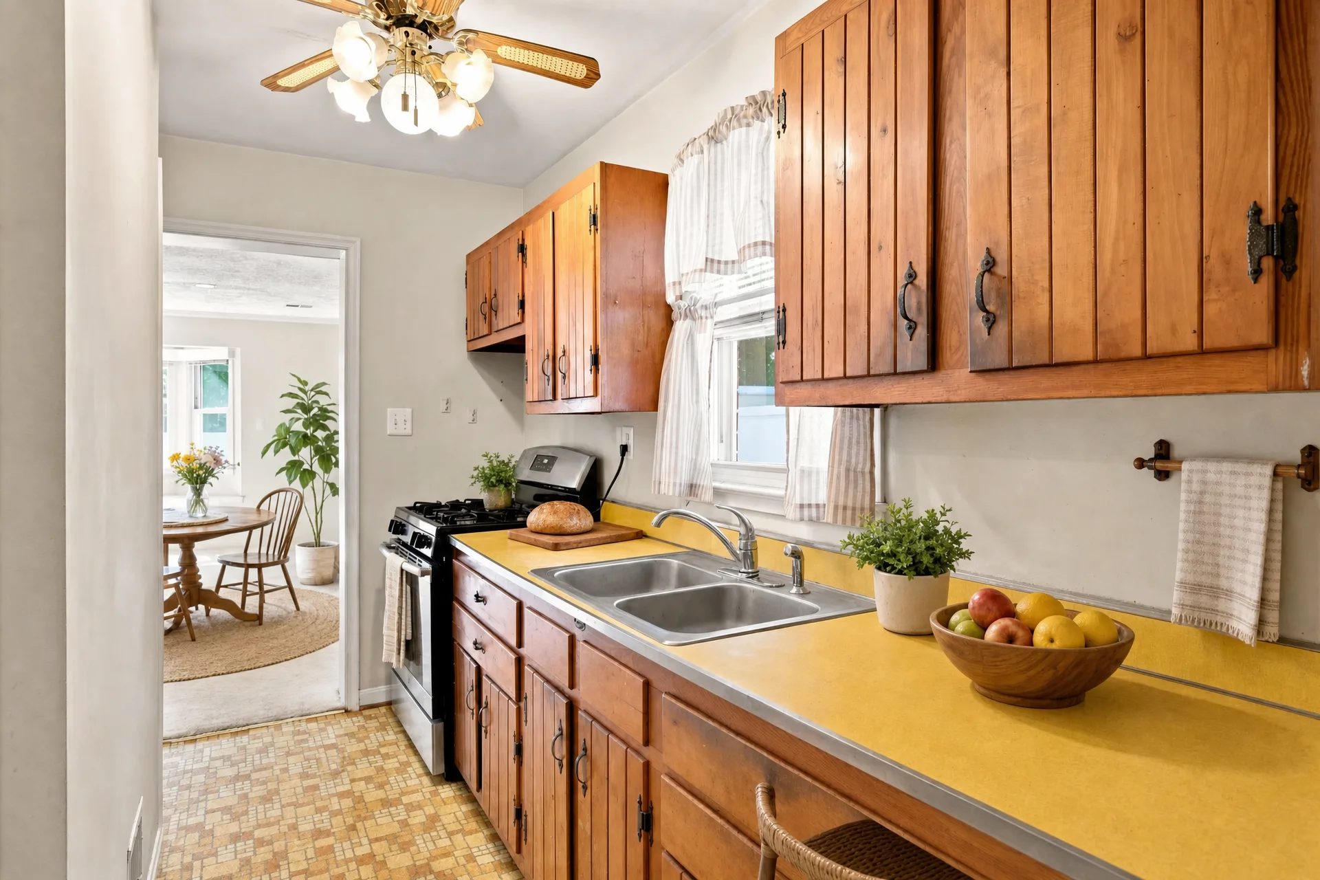 Galley kitchen with wood cabinets and patterned linoleum floor