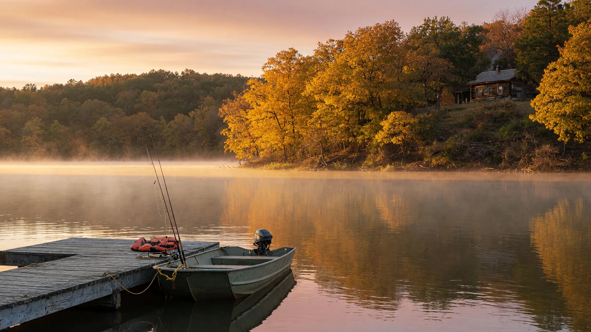 October sunrise over Pat Mayse Lake with mist on the water, a jon boat and fishing rods at a wooden dock, golden fall foliage, and a log cabin on the distant ridge