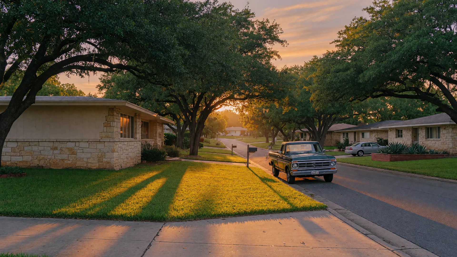 A leafy San Antonio street with limestone mid-century homes and mature live oaks at golden hour