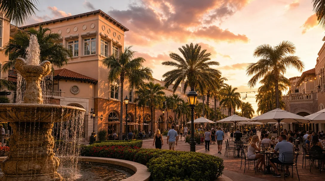 Mizner Park in Boca Raton at golden hour with Mediterranean architecture, fountains, and outdoor cafe tables