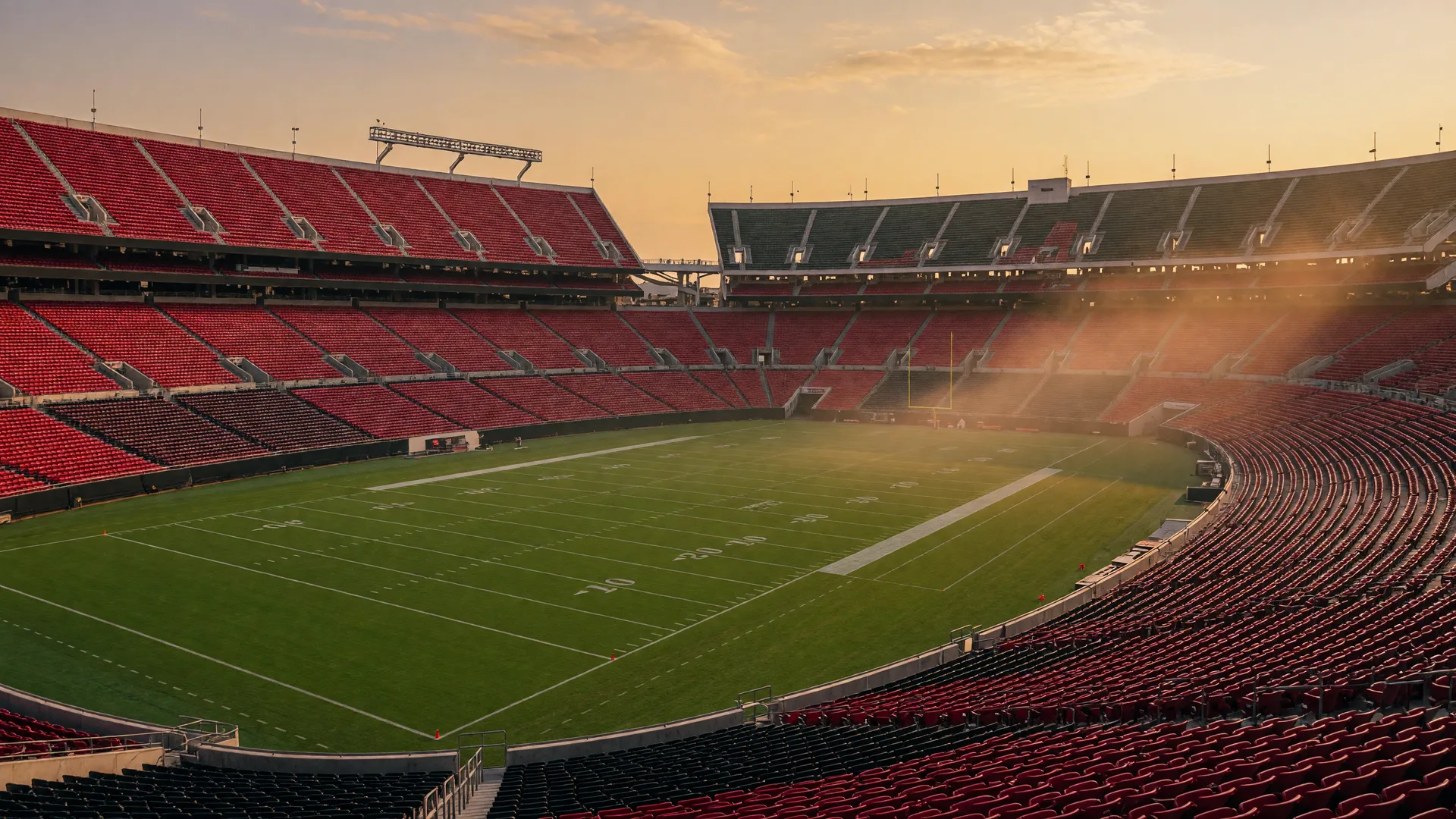 A college football stadium bowl glowing in golden-hour light, with red and black seatbacks and green turf