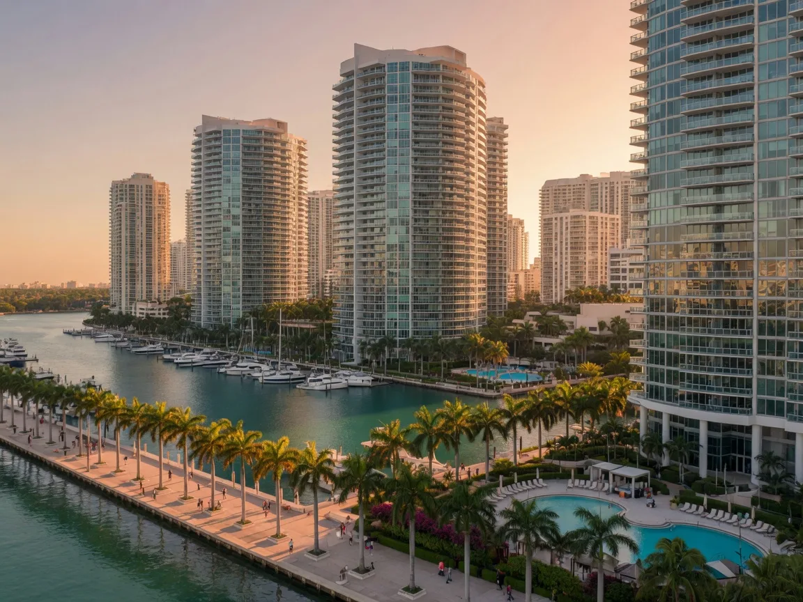 Luxury high-rise condominium towers in Aventura rising over a calm turquoise marina at golden hour, with a palm-lined waterfront promenade