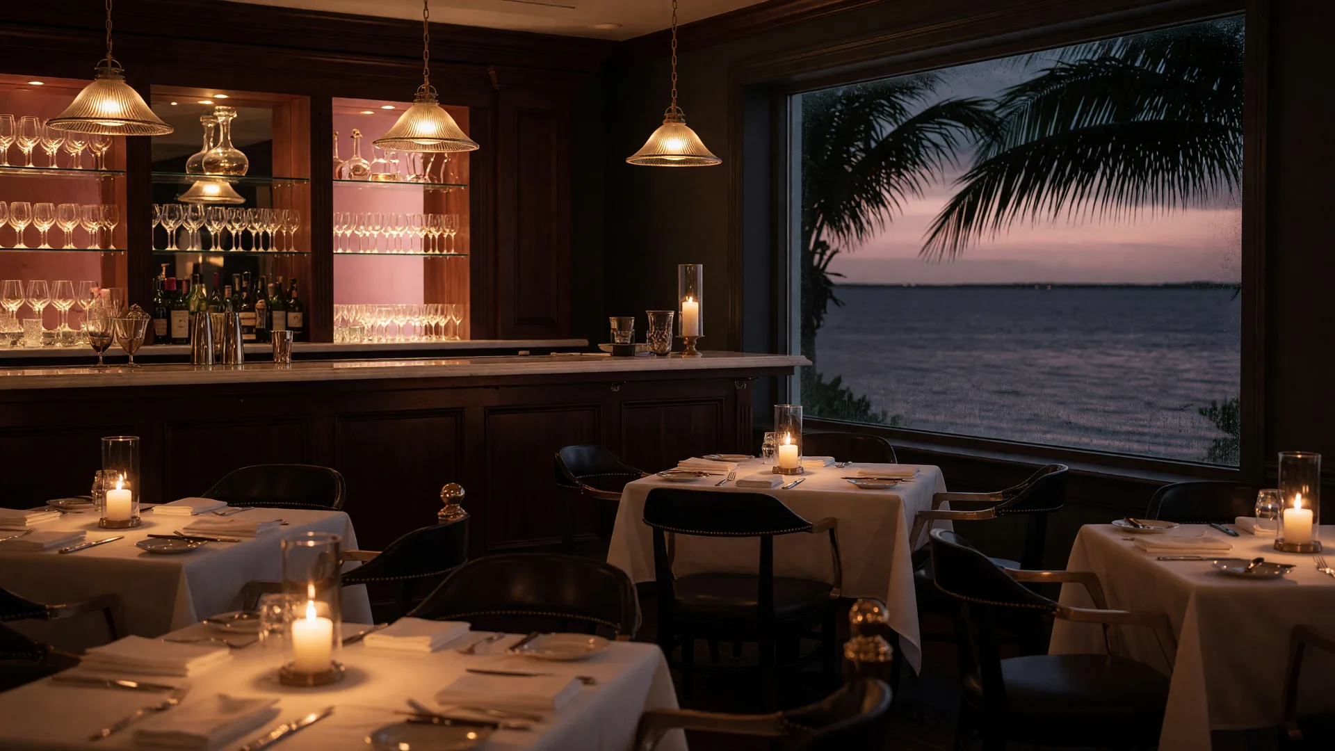 Warm candlelit Sarasota restaurant dining room at dusk with a bay view