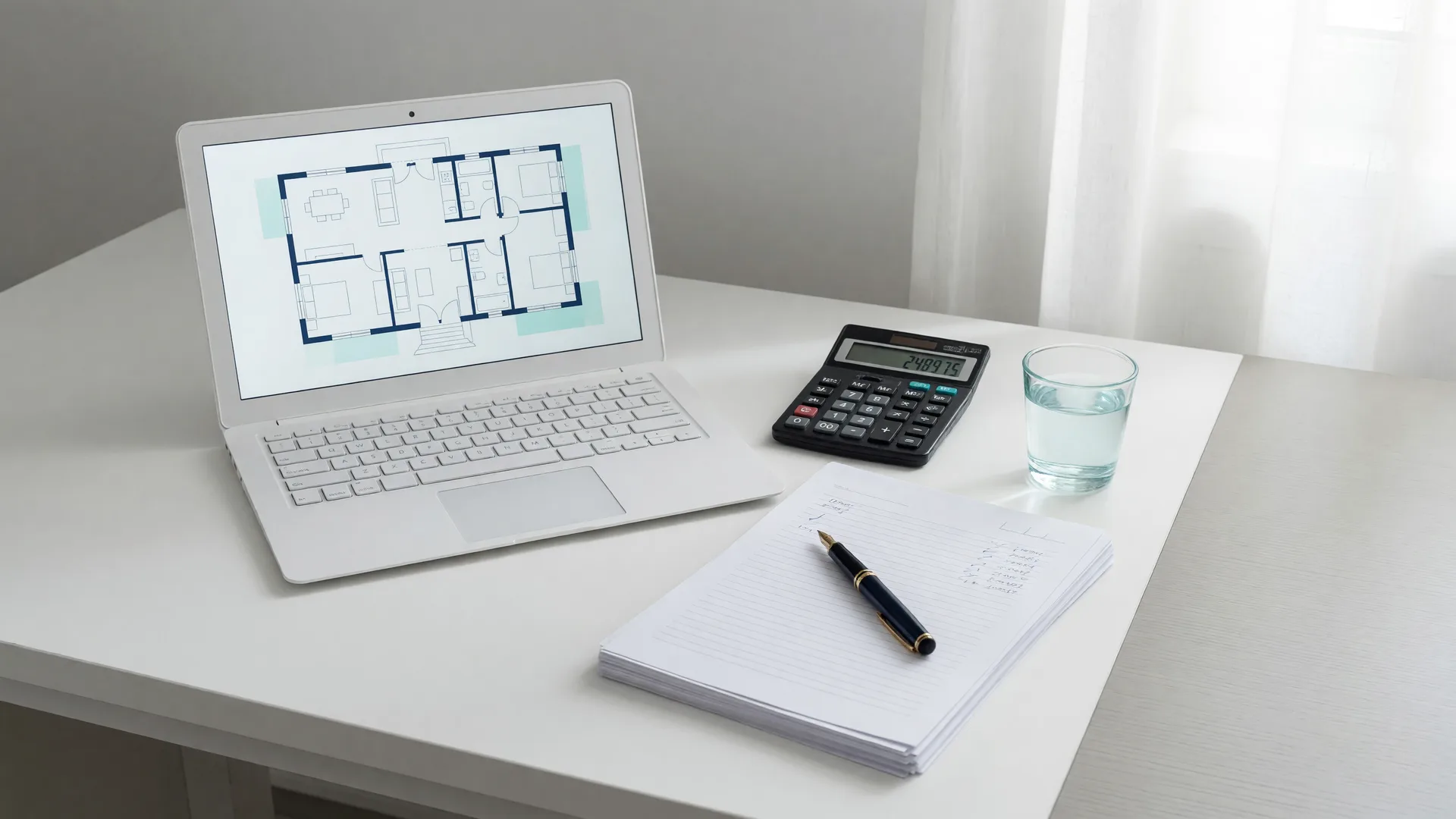 Clean home finance desk with a laptop showing a floor plan, calculator, and papers