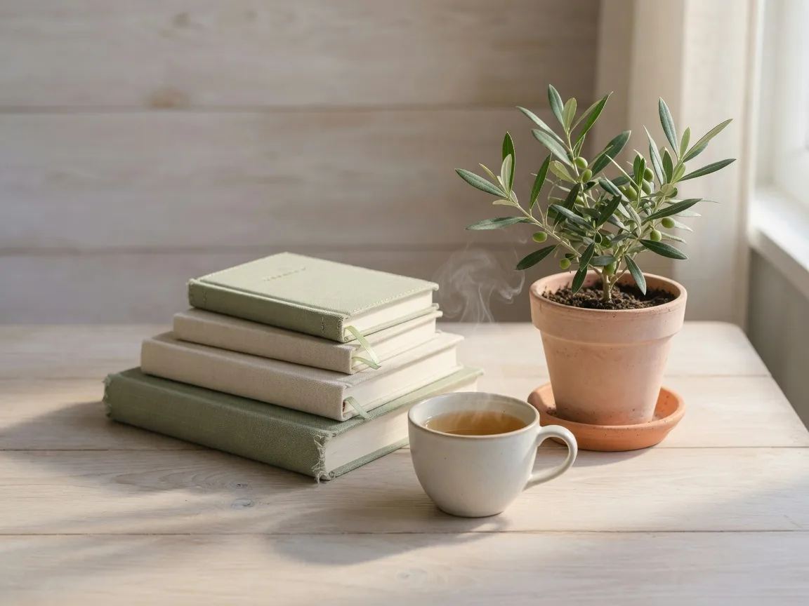 A calm still life of stacked linen-bound books, a small potted olive plant, and a ceramic cup of tea in soft morning light