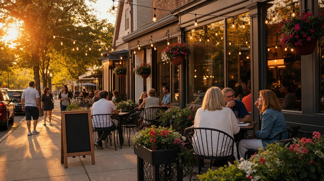 Charming neighborhood restaurant exterior on Main Street in Moorestown, NJ at golden hour