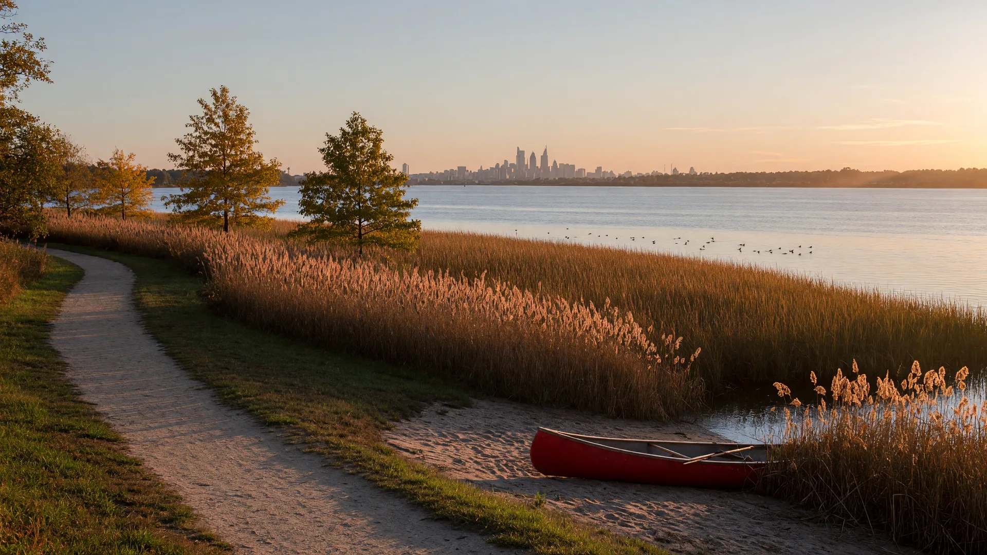 Delaware River shoreline trail at Taylor Wildlife Preserve in Cinnaminson New Jersey in late September golden-hour light