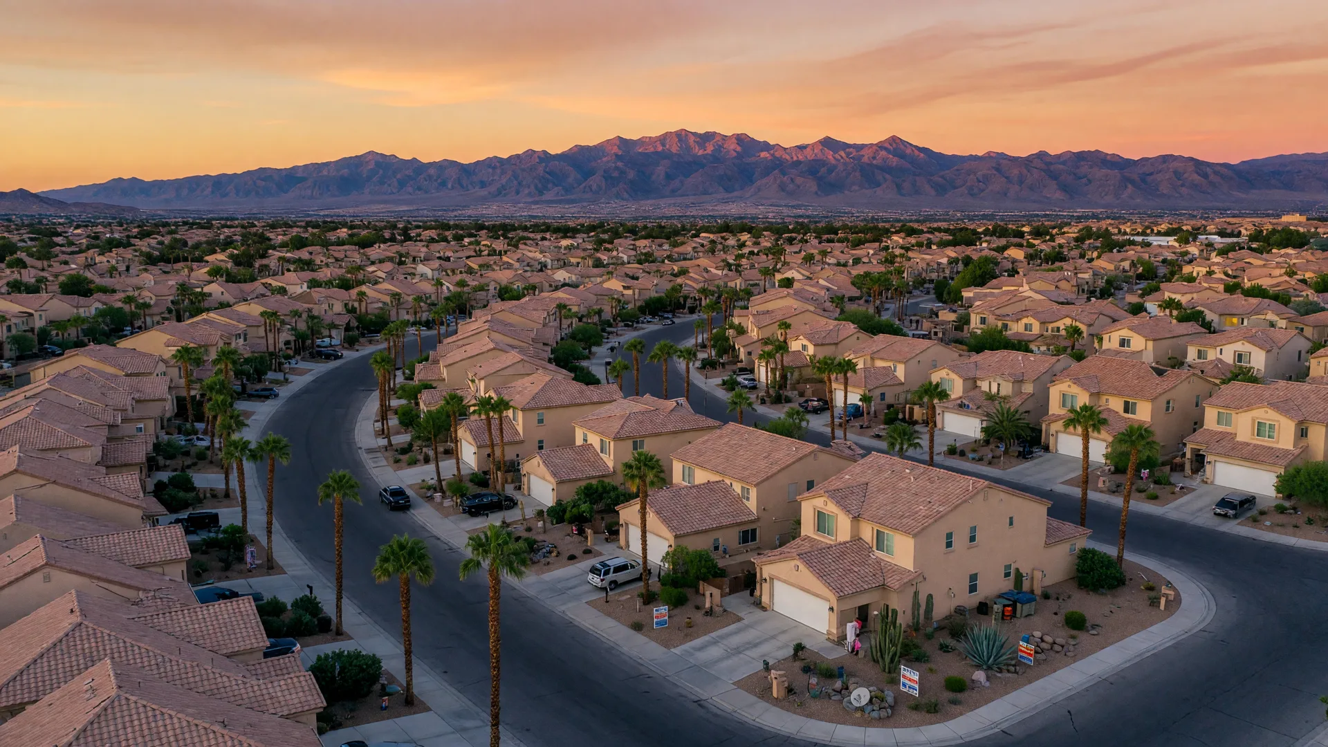 Aerial golden-hour view of a Las Vegas suburban neighborhood with tile-roof homes, palm-tree shadows, for-sale signs, and the Spring Mountains on the horizon