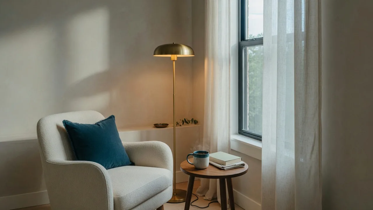 A calm reading corner with a cream armchair, a warm brass lamp, and a ceramic mug of tea in soft morning light