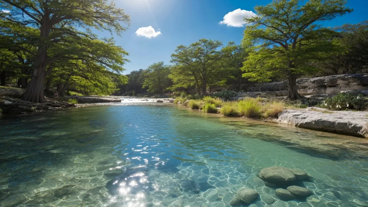 Crystal-clear Blanco River winding through cypress-lined banks under a bright blue Texas sky