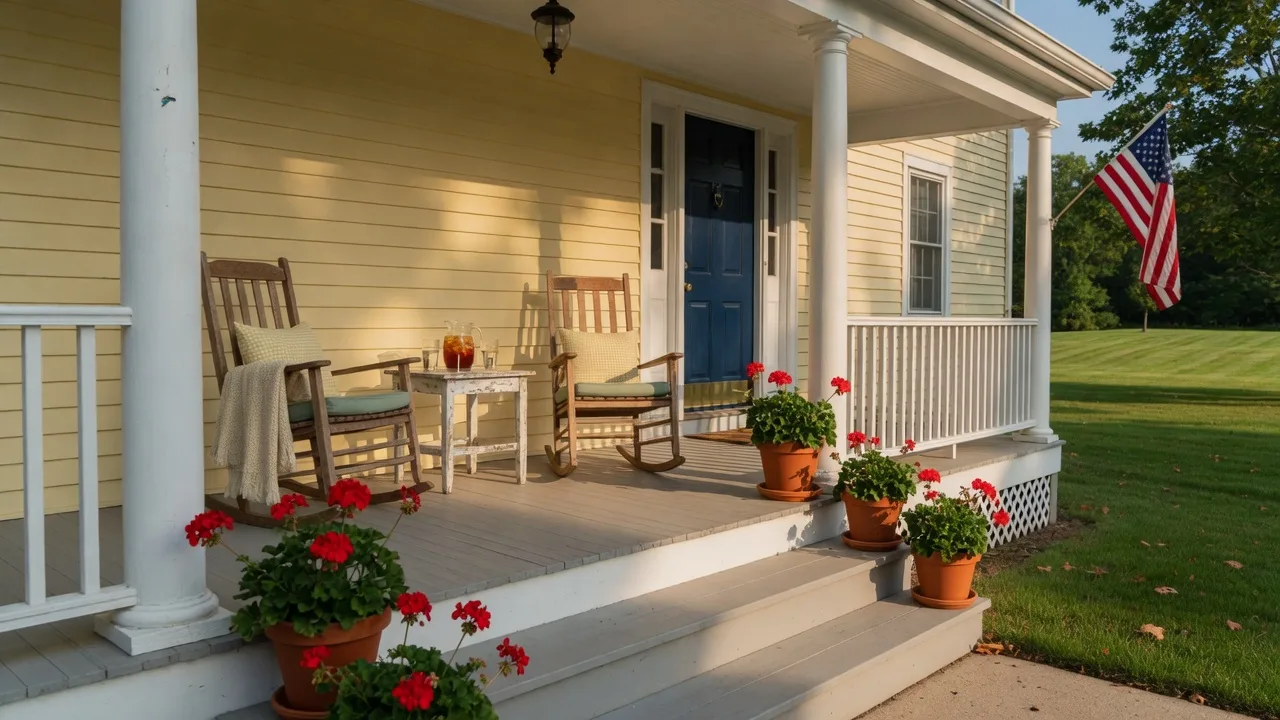 Inviting front porch of a South Jersey colonial home with rocking chairs and potted geraniums