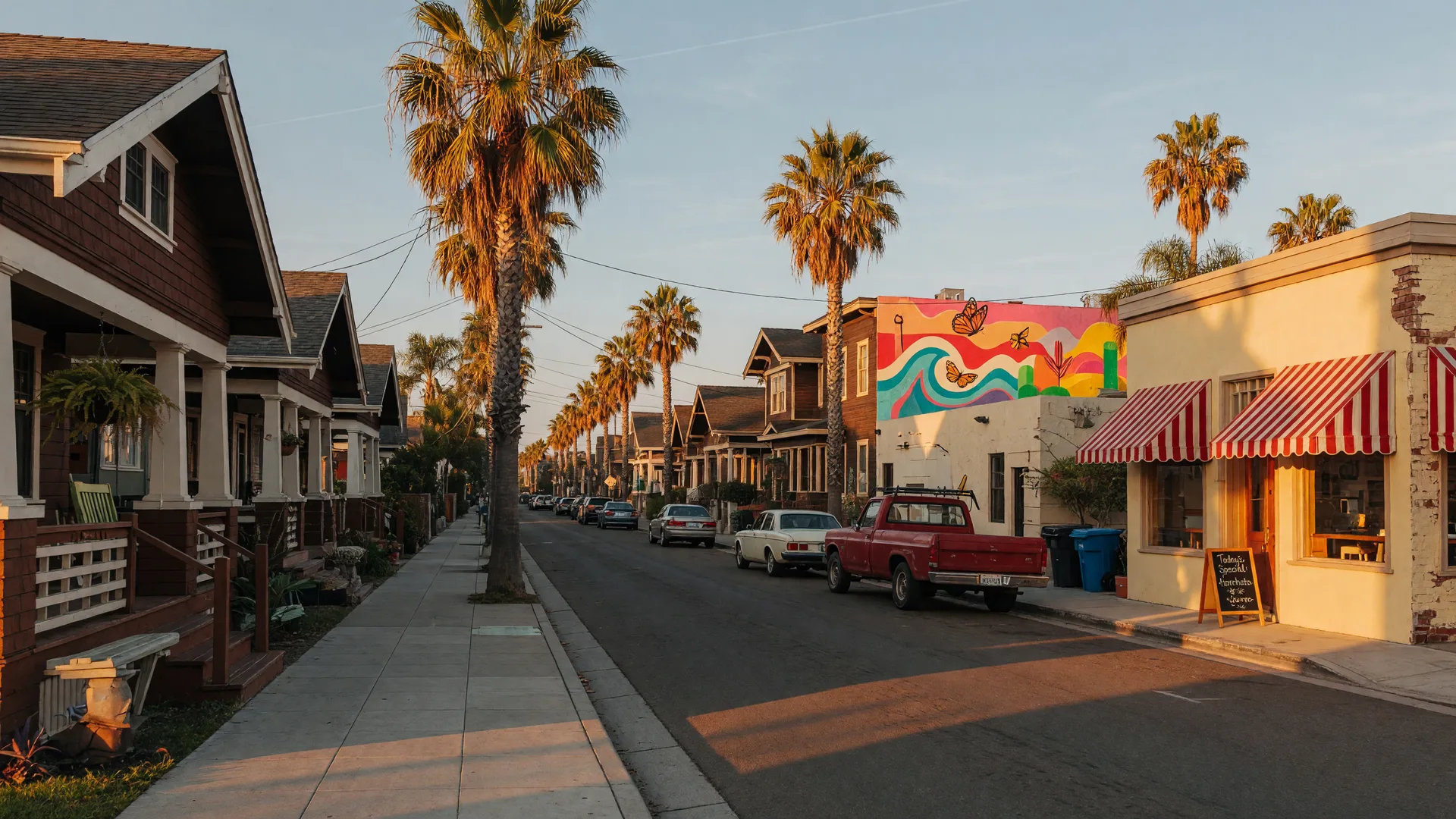 A North Park-style San Diego street at golden hour: Craftsman bungalows, palm trees, and a corner cafe with awnings