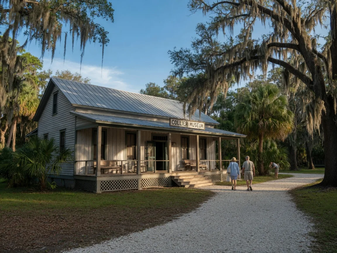 The Collier Museum at Government Center in Naples, a historic Florida cracker-style building with a wide front porch set among live oaks and palm trees