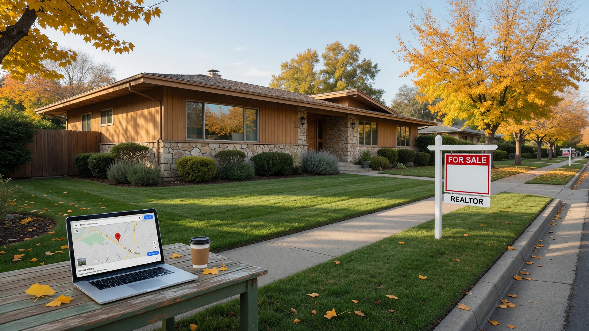 A well-kept mid-century California home on a quiet Castro Valley street on a bright fall morning with a for-sale sign by the driveway