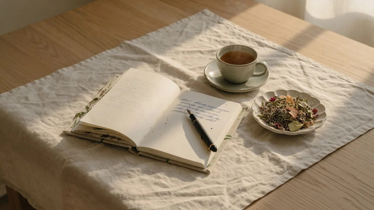 A warm still life of an open journal with a fountain pen, a cup of tea, and dried botanicals in golden afternoon light