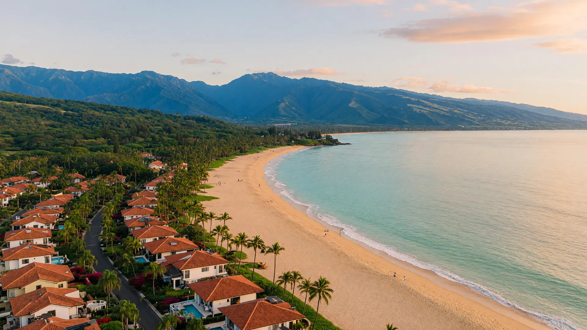 An elevated panoramic view of a Pacific beachfront community with terracotta roofs and palm trees on a green headland, turquoise ocean, and blue volcanic mountains behind in golden light