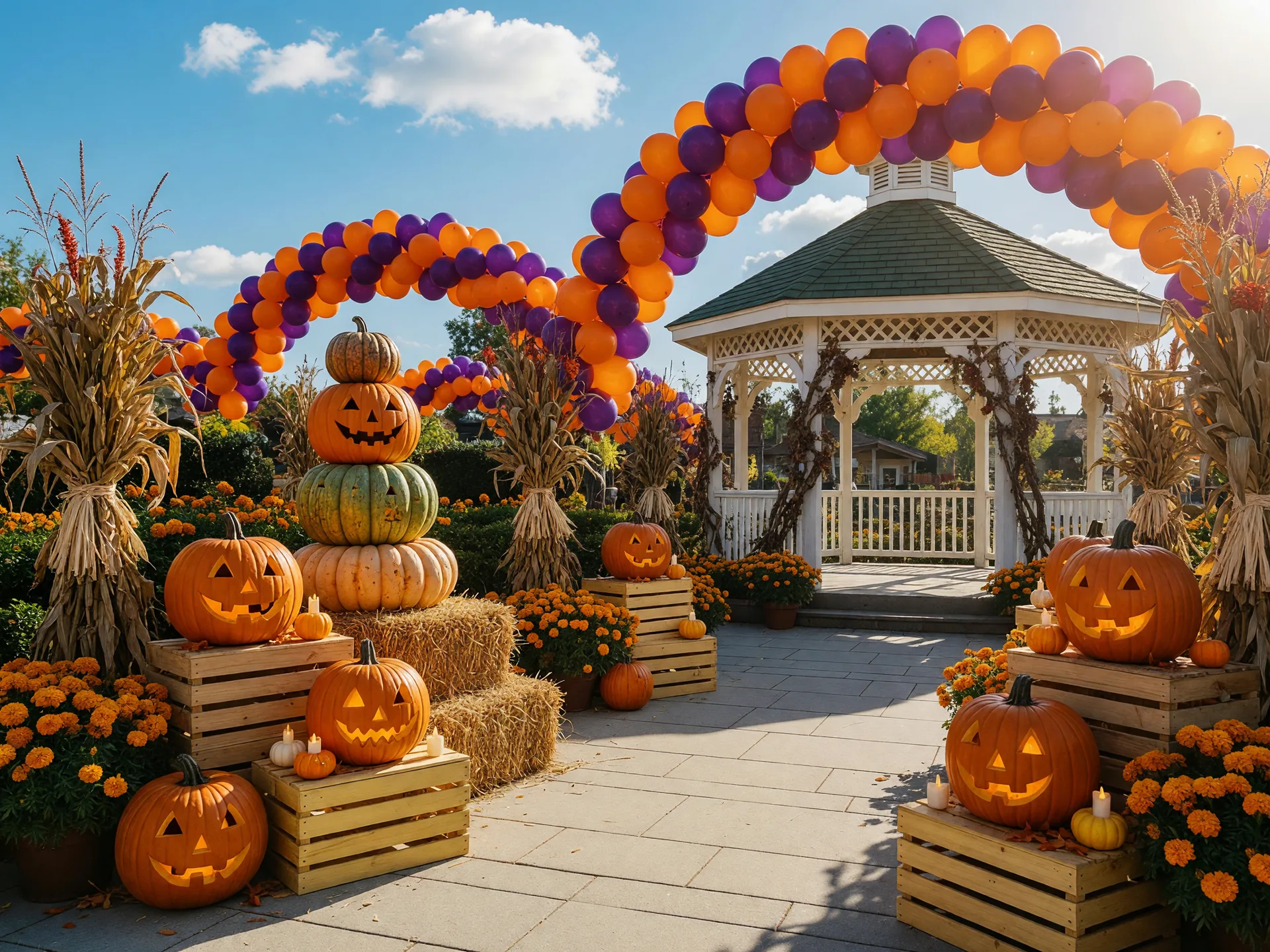A bright daytime theme park plaza decorated for a family Halloween celebration with pumpkins, hay bales, and festive arches in warm sunlight