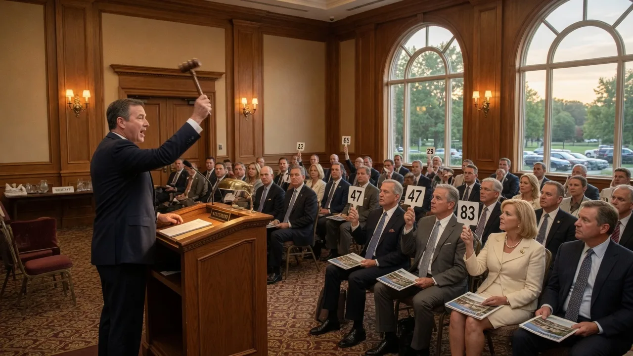 Professional real estate auction in an elegant ballroom with auctioneer at podium and attendees holding bidding paddles in warm afternoon light