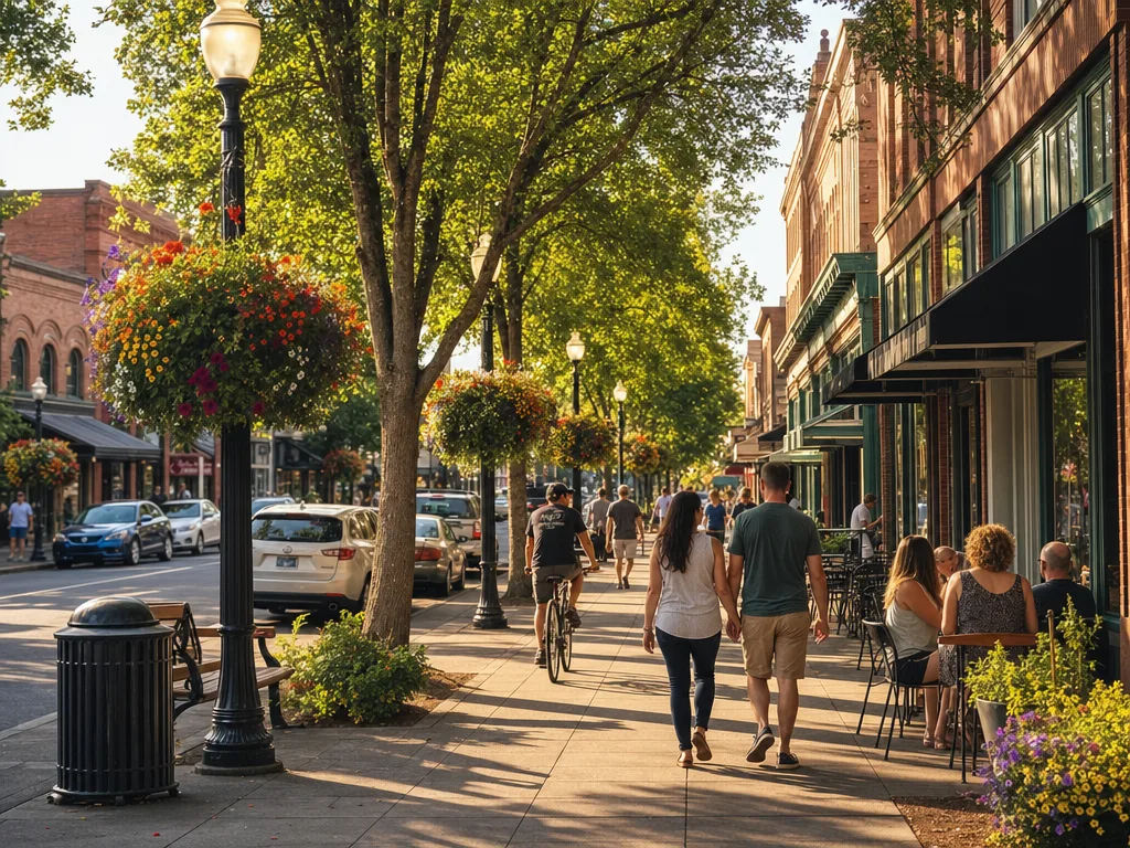 Charming downtown McMinnville Oregon street with historic brick buildings, flower baskets, and sidewalk cafes near Yamhill County real estate
