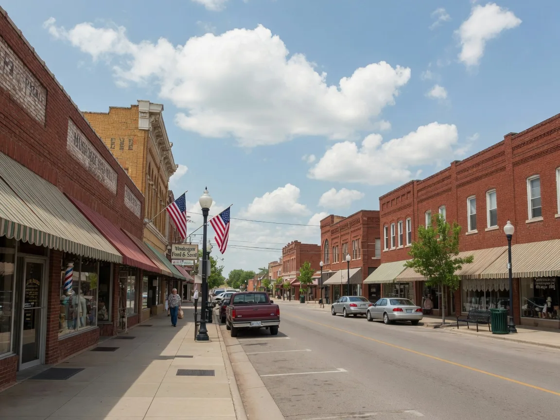 Historic brick storefronts and American flags along the main street of downtown Muskogee, Oklahoma on a sunny day