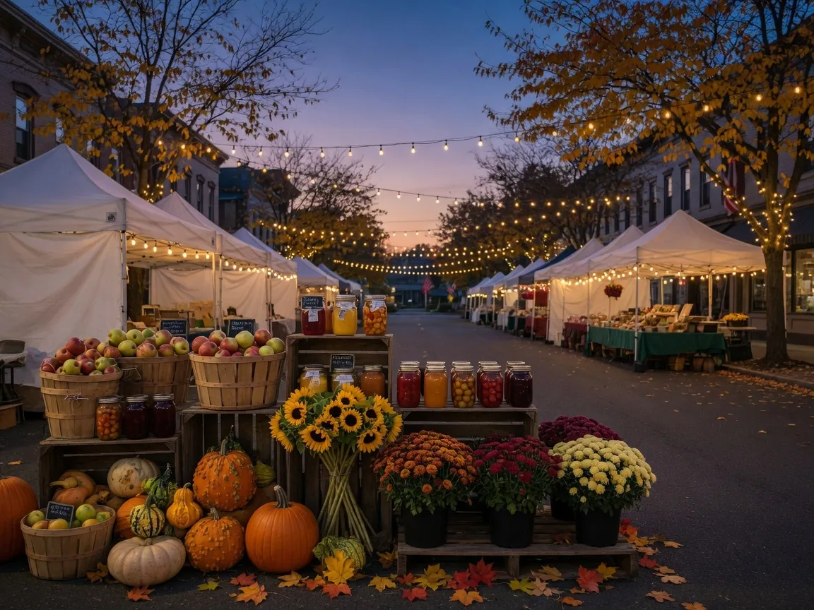 A small-town autumn farmers market street festival at dusk with white canopy tents, crates of heirloom apples and pumpkins, honey and preserves, sunflowers and mums, and warm string lights overhead
