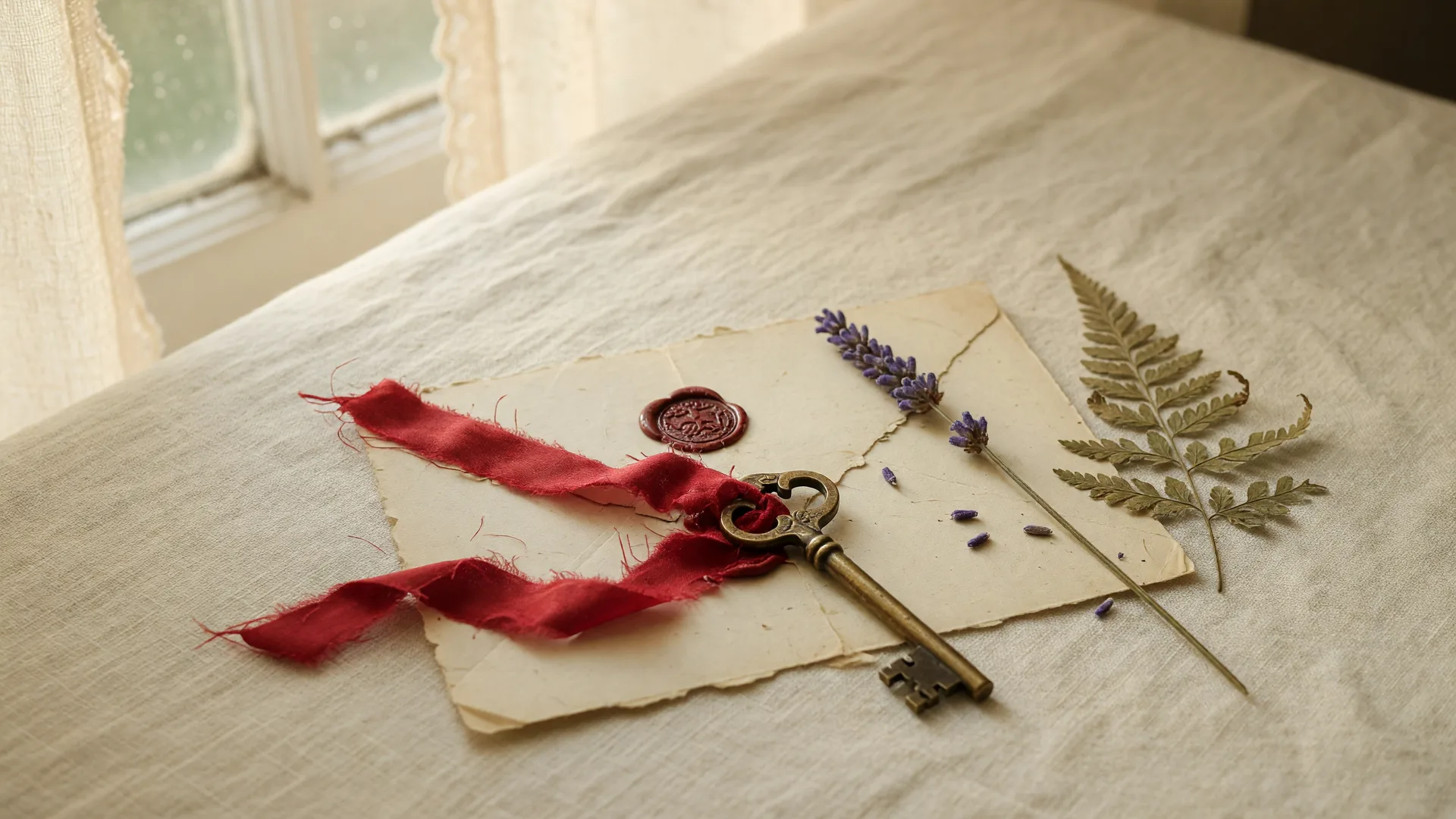 An antique brass key with a crimson ribbon, a wax seal, dried lavender, and a fern sprig laid on pale linen.