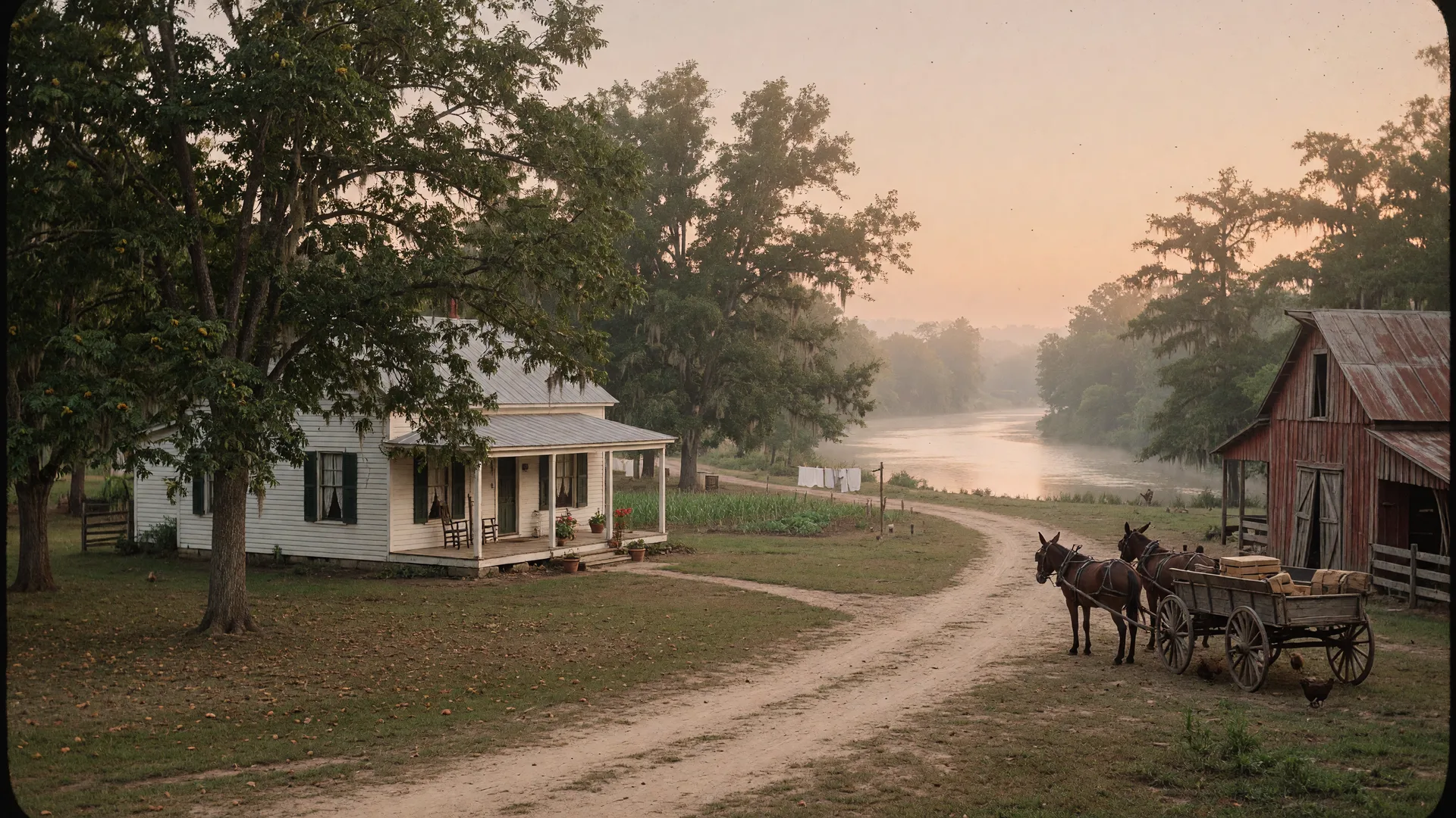 Sepia-toned panoramic landscape of an early 1900s Georgia rural homestead with a white farmhouse, pecan trees, and a mule-drawn wagon in soft morning light