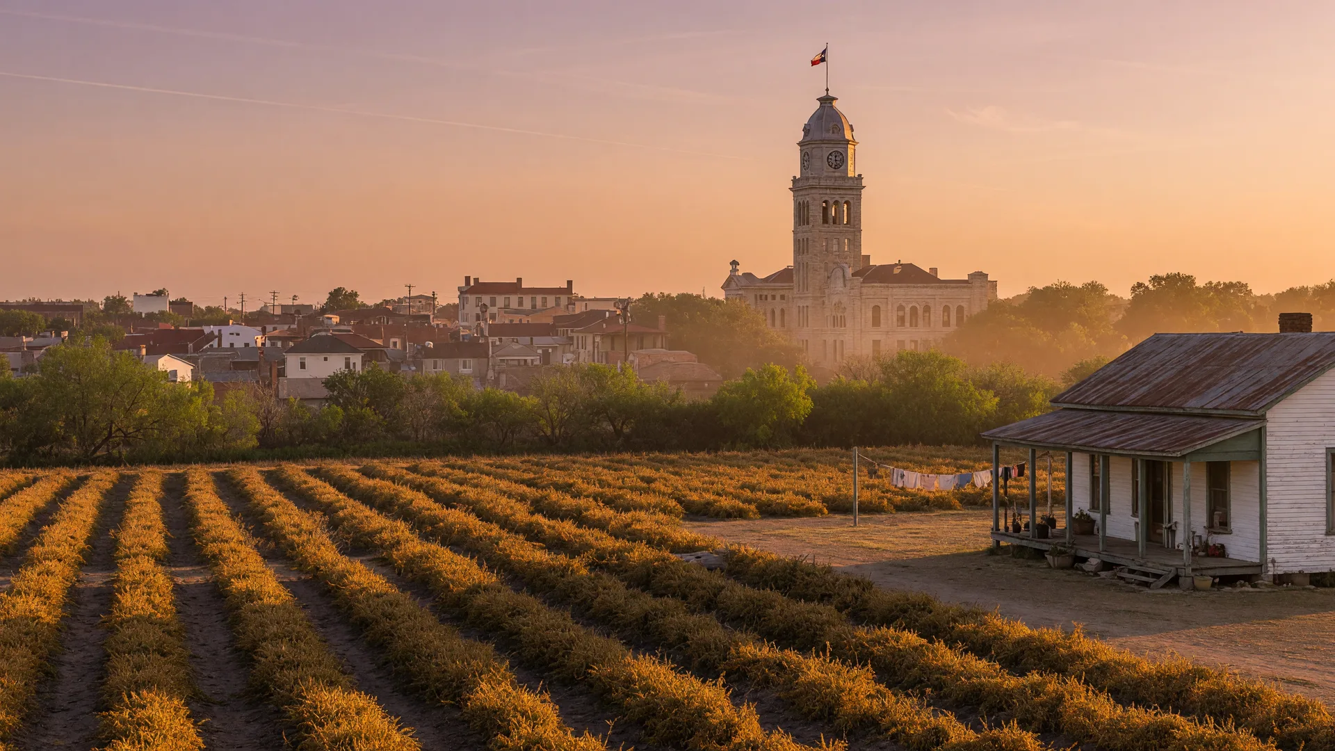 Golden peanut fields near Floresville, Texas with the historic town and courthouse tower in the distance at golden hour, in the home inspection service area of Rodeo Home Inspections