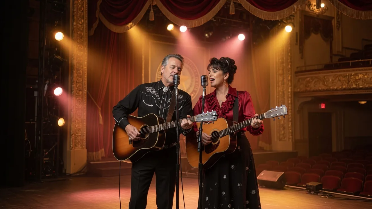 A classic country music duo performing on a Texas theater stage with red velvet curtains and warm stage lighting