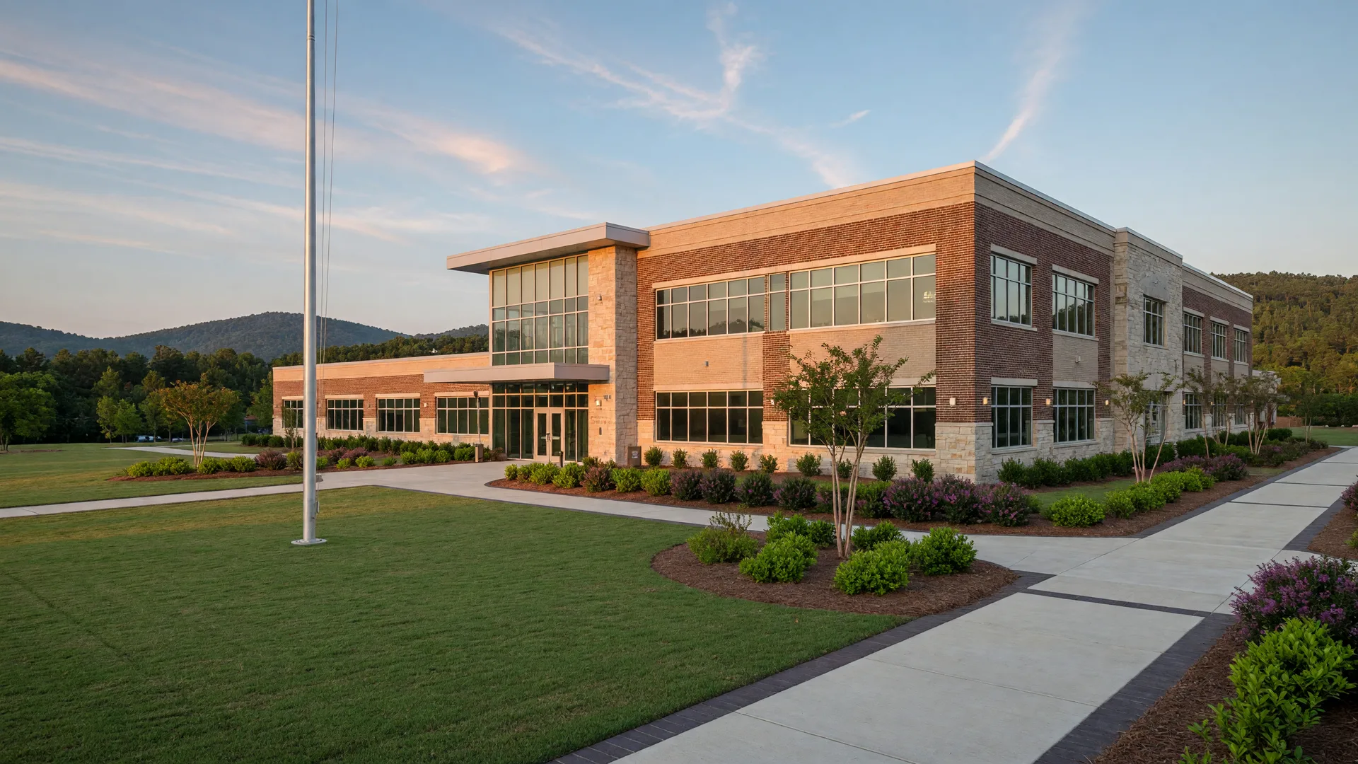 Modern suburban public high school campus in Forsyth County with a two-story brick, stone, and glass building, flagpole, green lawns, and North Georgia foothills in the distance