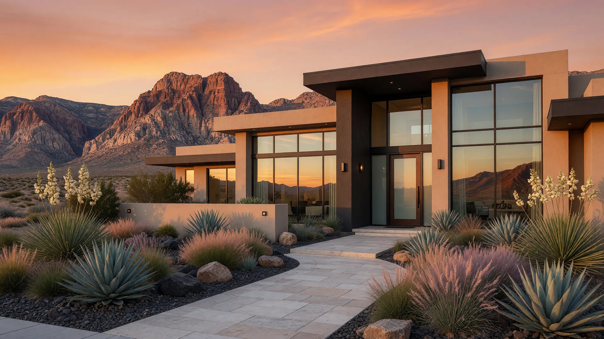 Upscale Las Vegas home at golden hour with the Red Rock Canyon escarpment in the distance