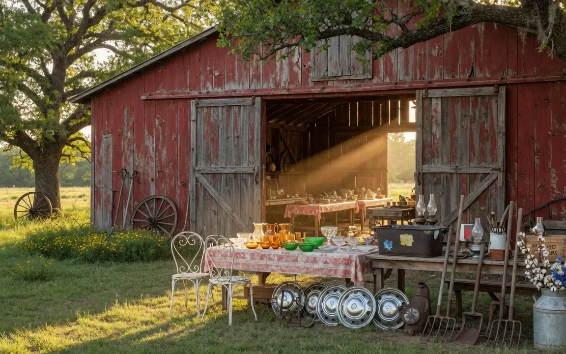 Vintage treasures glowing inside a barn venue at the Round Top Antiques and Design Show