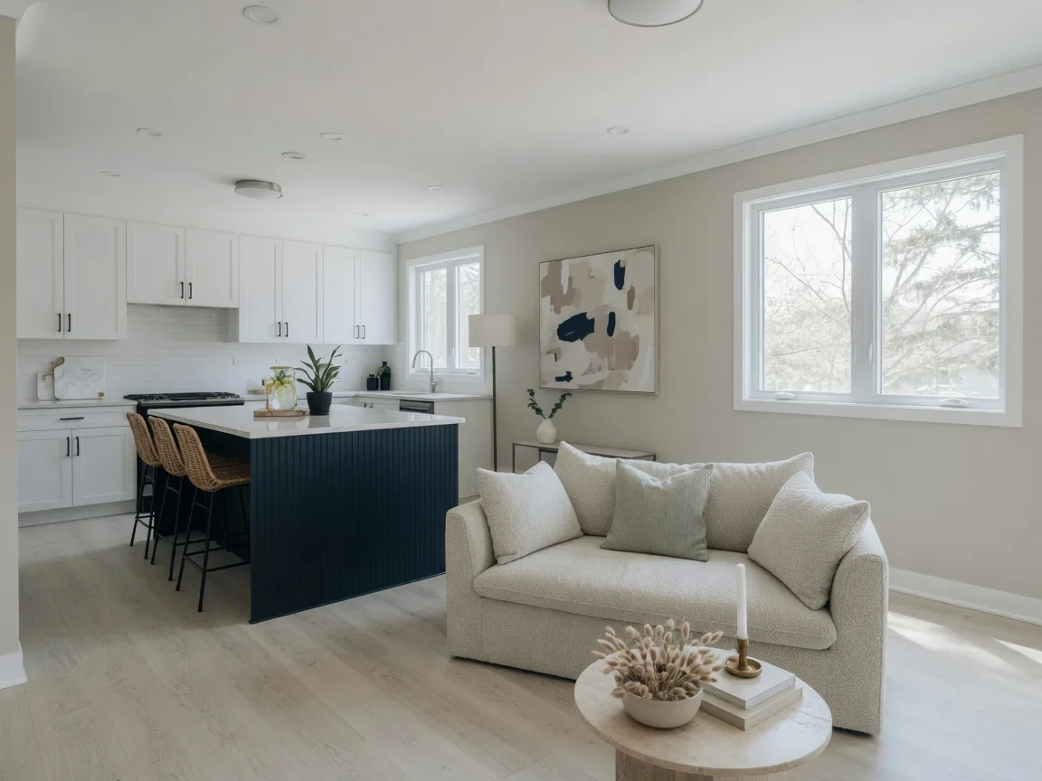 Bright open-concept interior of a modern townhome with a navy kitchen island