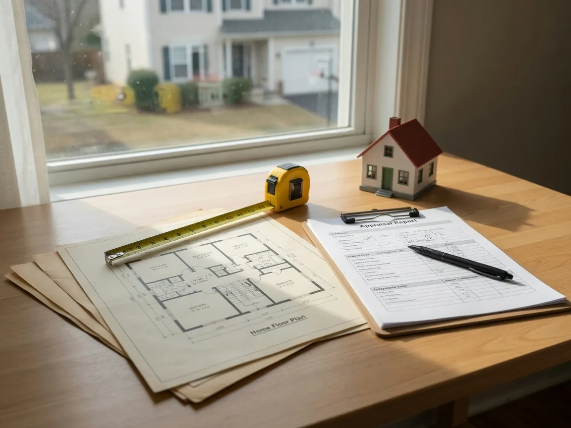 A quiet still life of an appraisal in progress: a home floor plan, a measuring tape, and report documents on a bright desk by a window