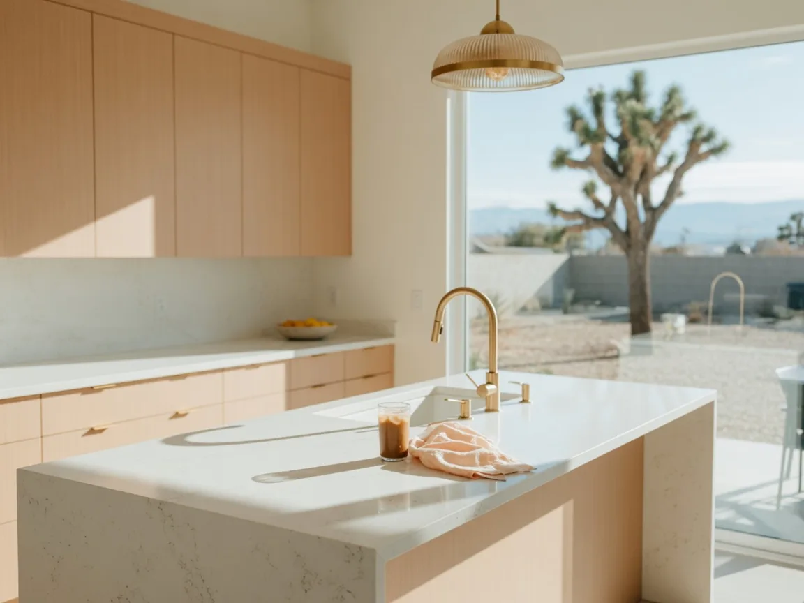 Bright modern kitchen in a Las Vegas home with oak cabinetry and a window over a desert backyard