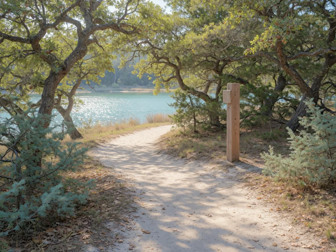 Sun-dappled lakeside walking trail through oak and cedar woods near Lake Texoma