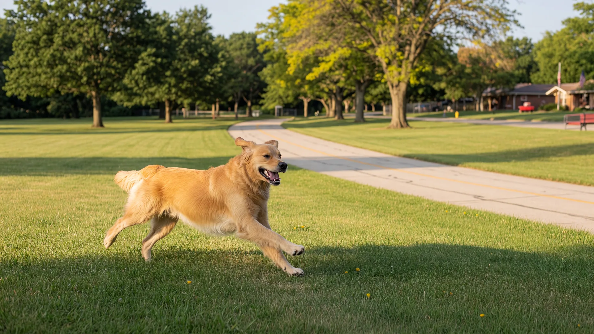 A golden retriever running across a sunny park lawn in the South Suburbs