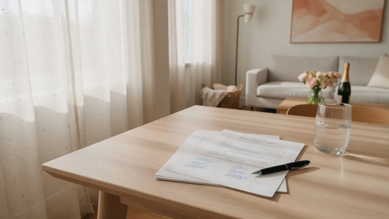 Real estate closing table with a signed contract and pen in a bright modern living room in warm natural light
