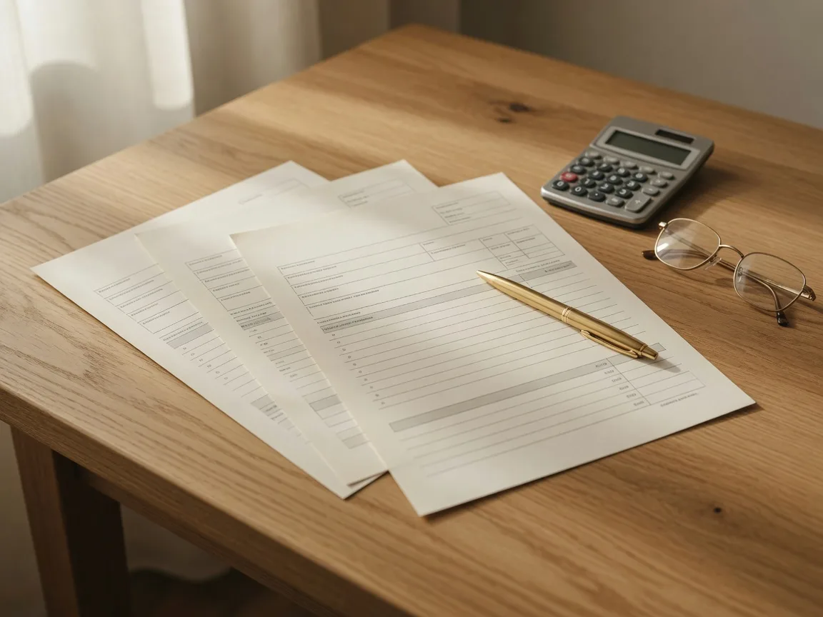 Three Loan Estimate documents fanned across a warm oak desk with a gold pen, calculator, and reading glasses, the paperwork of comparing lender costs before closing