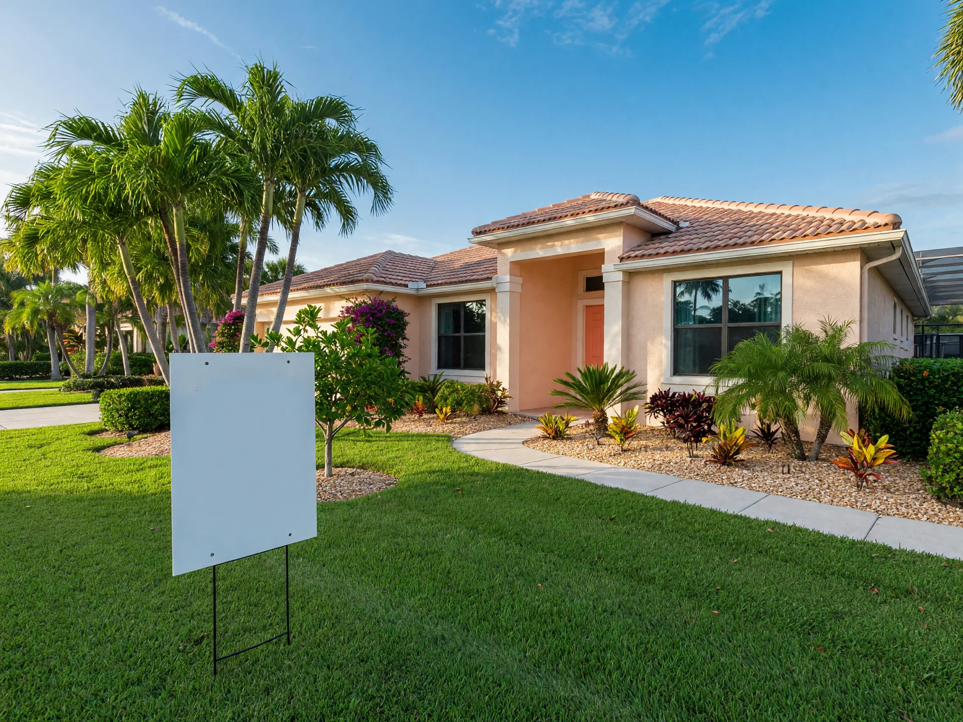 A sunny Florida home with a fresh real-estate for-sale sign in the front yard
