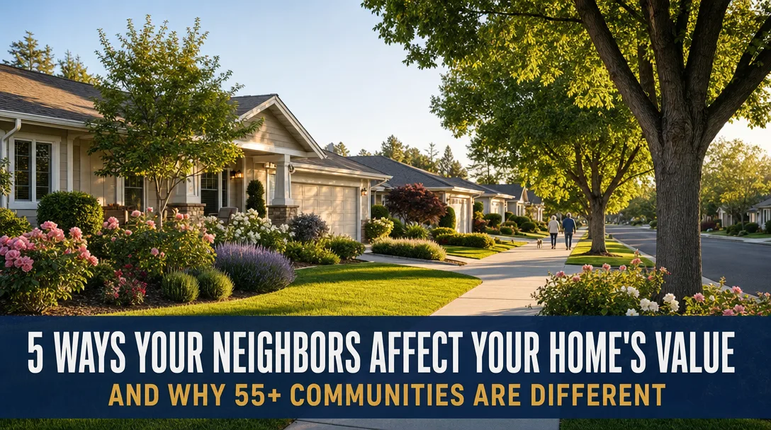 Well-maintained 55+ community street in Northern California with a mature couple walking a dog