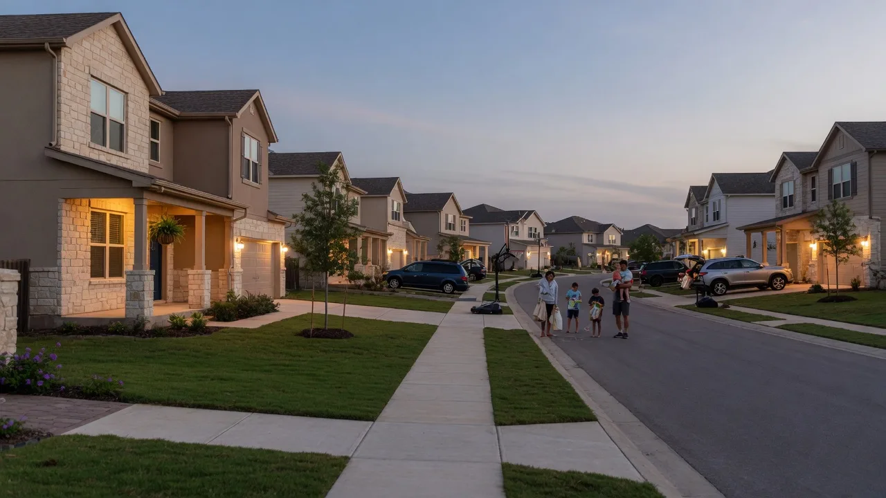 Newer two-story homes on a family-friendly street in Schertz at dusk, a San Antonio real estate option for commuters