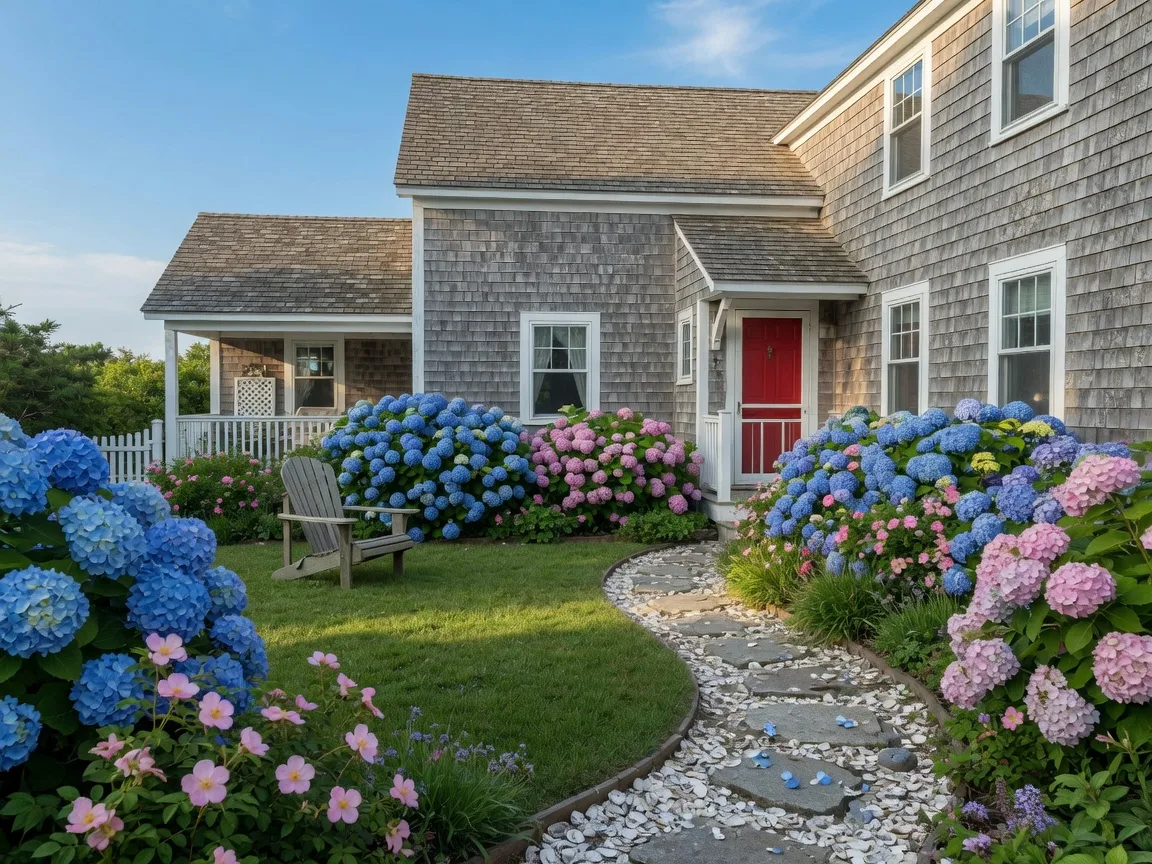 A shingled North Shore cottage in morning light with hydrangeas and beach roses along the path