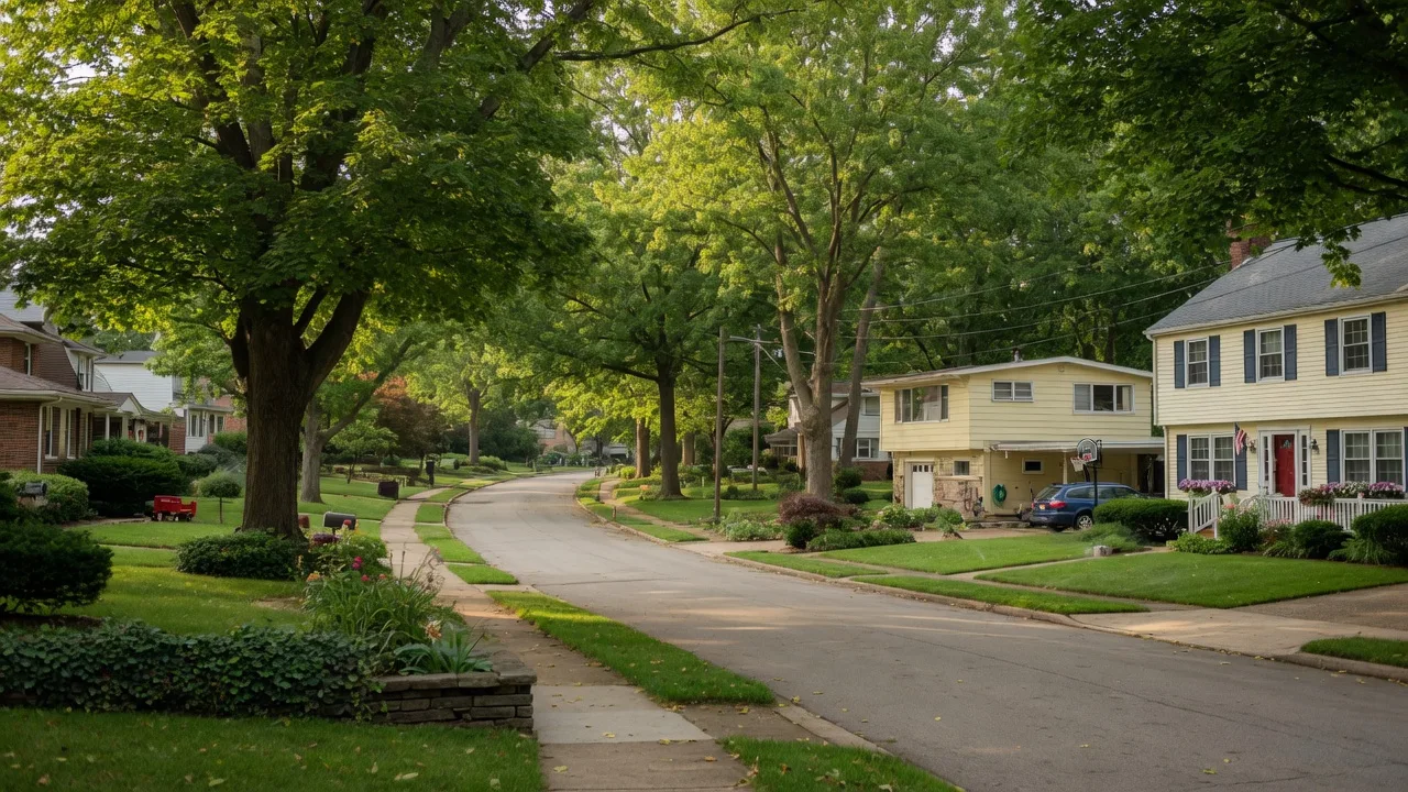 Tree-lined suburban residential street in North Olmsted, Ohio with well-maintained homes on a sunny summer afternoon