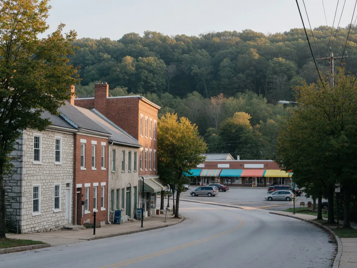 Bethlehem Pike in Flourtown, Pennsylvania with stone and brick colonial buildings and mature trees